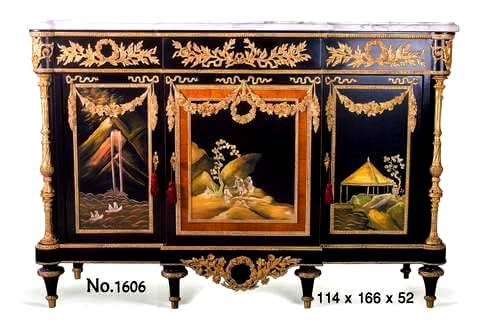  French ormolu-mounted, japanese lacquer and ebony Sideboard, after the model by Martin Carlin, circa 1880 with eared breakfront white veined moulded marble top above a conforming case set with frieze drawers ornamented with fine chiseled and burnished ormolu swags and ribbon-tied loose bouquets pierced interlaced laurel garlands, over three cupboard doors hung with ormolu blossoming pendant garlands and hand painted by our artisans with scenes of figures in pavilions withing a Cyma Recta style ormolu borders, the sides have the same drawing style, the fluted gilt-ormolu turned columnar angle supports over an arbalette shaped apron bordered with a Cyma Recta pattern ormolu trim and hammered ormolu strip, centered with an ormolu ribboned-shape blossoming floral wreath and raised on ormolu laurel decorated six toupie feet.